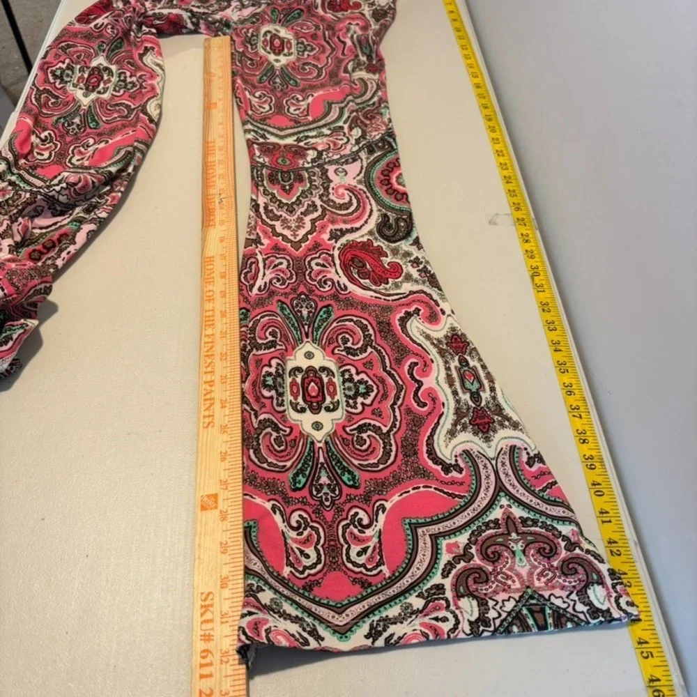 Free People‎ Harper Pink Paisley Flare Stretch Pull on Pants Womens Small 70's